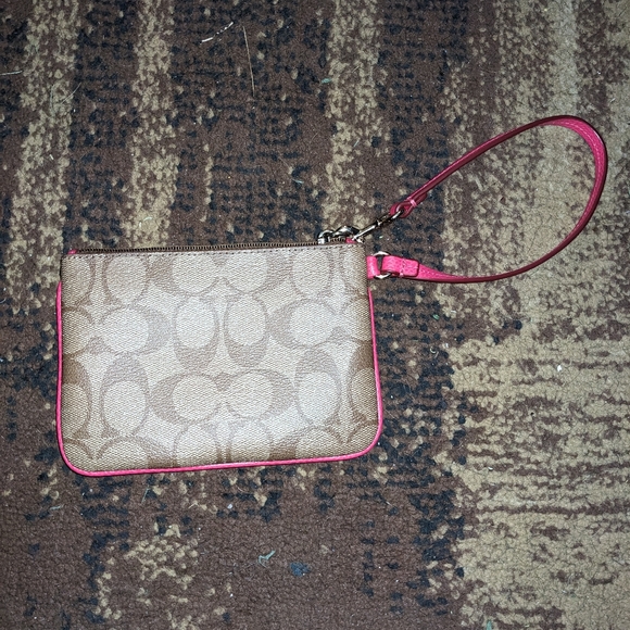 Coach Khaki PINK RUBY Signature Slim Wristlet Leather Trim Zip - Picture 3 of 4